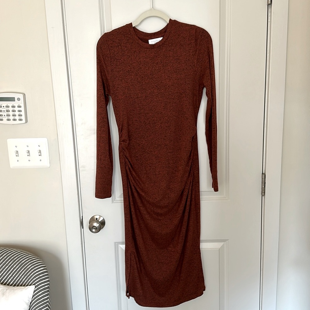 Motherhood Maternity long dress in rust with ruching in size small